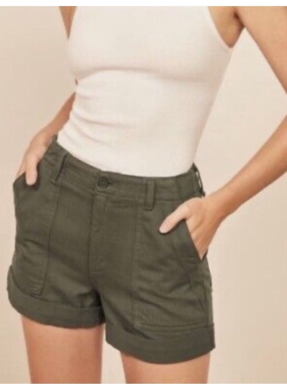 Reformation Utility Army Green Roll Cuff Twill Shorts 29